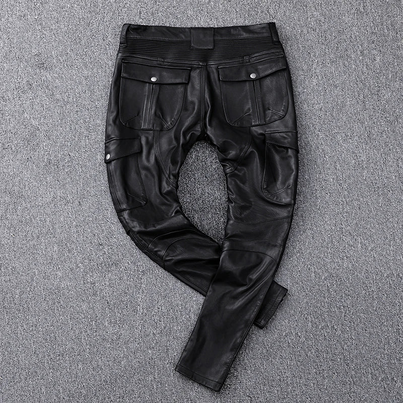 Red Brown Winter Leather Trousers Men Vintage Style Plus Size 4XL Genuine Natural Cowhide Can Add Protection Device Pant