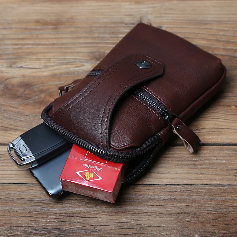 NZPJ Leather Men's Waist Bag Top Layer Cowhide Casual Mobile Phone Bag Wear Belt Vertical Shoulder Messenger Mobile Phone Bag
