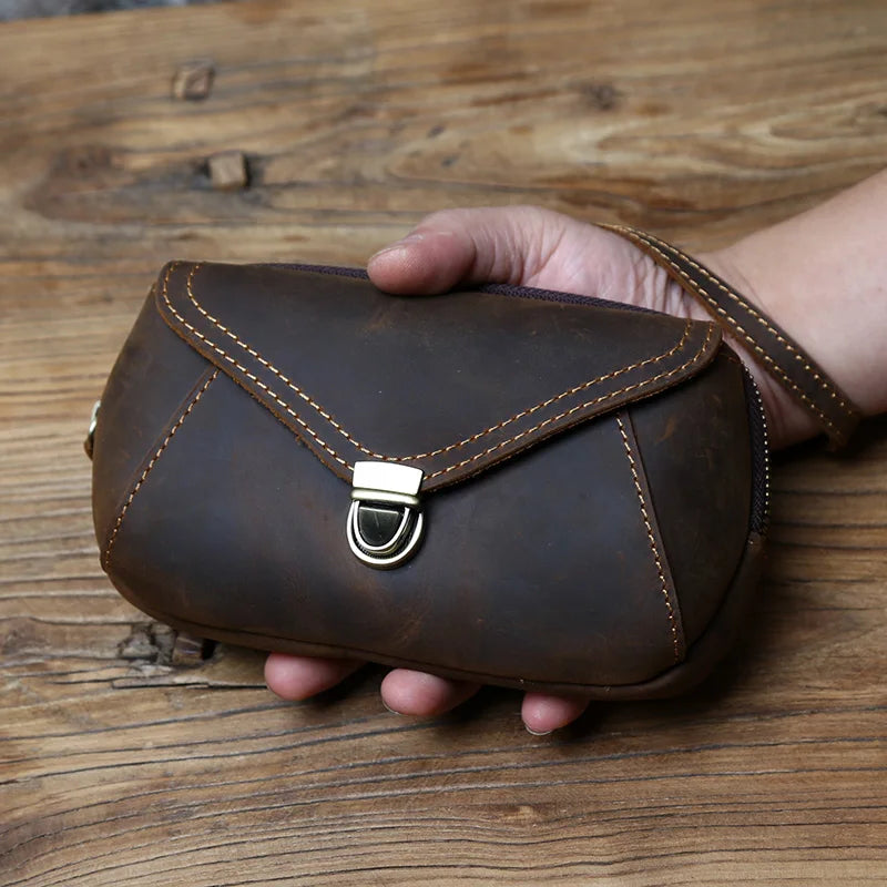 Retro Leather Men's Mobile Phone Bag Crazy-horse Leather Waist Bag Top Layer Cowhide Clutch Cross-body Shoulder Bag NZPJ