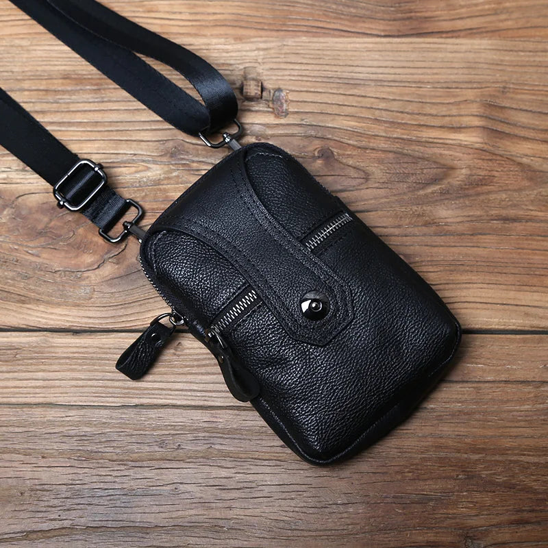 NZPJ Leather Men's Waist Bag Top Layer Cowhide Casual Mobile Phone Bag Wear Belt Vertical Shoulder Messenger Mobile Phone Bag