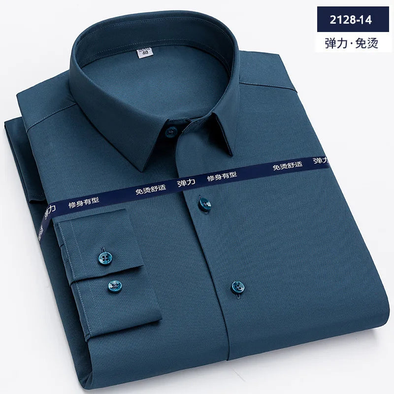 Micro Elasticity Soft Cozy No Pockets Thin Formal White Work Shirt Business Long-sleeved Shirt Men Slim Fit Non-iron Work Shirt