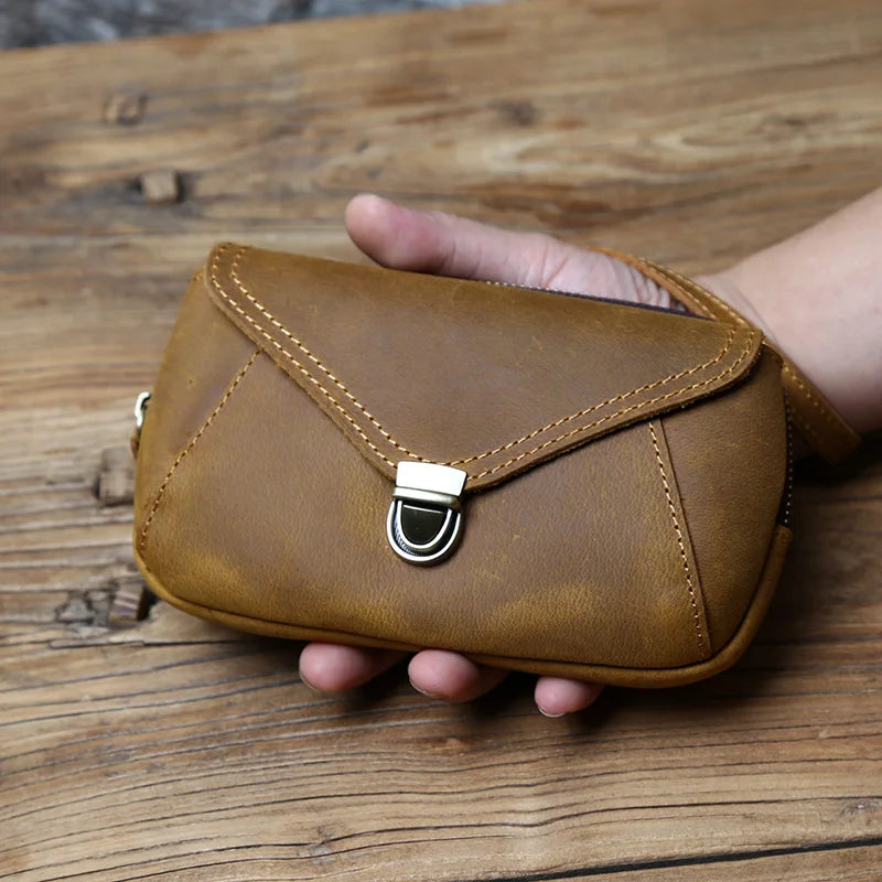 Retro Leather Men's Mobile Phone Bag Crazy-horse Leather Waist Bag Top Layer Cowhide Clutch Cross-body Shoulder Bag NZPJ