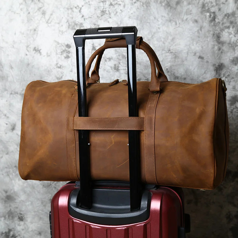 NZPJ Retro Genuine Leather Travel Bag Crazy Horse Leather Men's Handbag Top Layer Cowhide Crossbody Bag Wearable Trolley Luggage