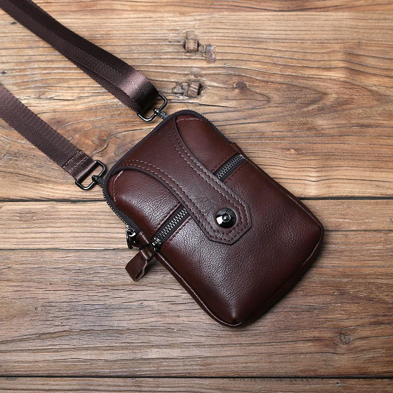 NZPJ Leather Men's Waist Bag Top Layer Cowhide Casual Mobile Phone Bag Wear Belt Vertical Shoulder Messenger Mobile Phone Bag