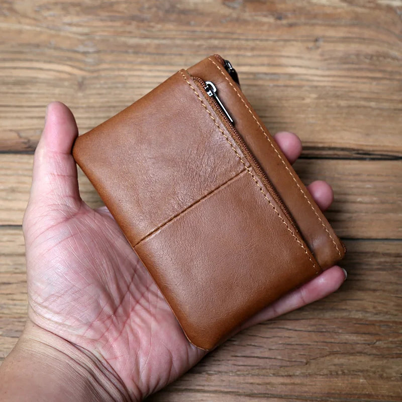 NZPJ Men's Leather Zipper Coin Wallet First Layer Cowhide Mini Short Wallet Handbag Change Wallet