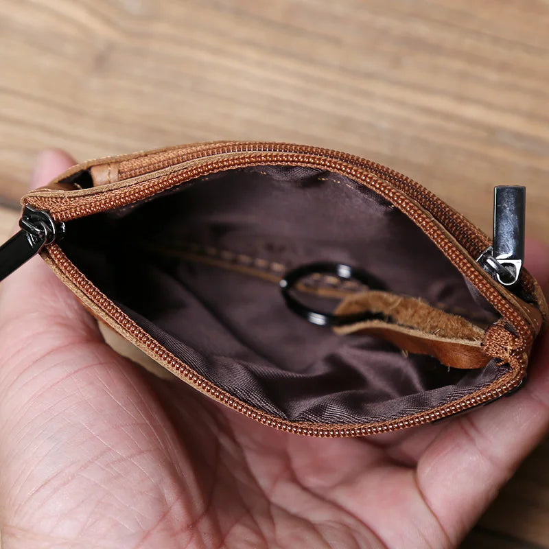 NZPJ Men's Leather Zipper Coin Wallet First Layer Cowhide Mini Short Wallet Handbag Change Wallet