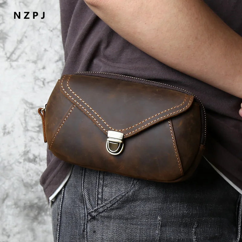 Retro Leather Men's Mobile Phone Bag Crazy-horse Leather Waist Bag Top Layer Cowhide Clutch Cross-body Shoulder Bag NZPJ