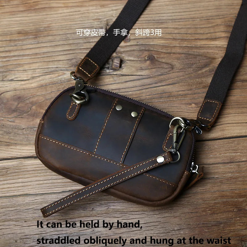Retro Leather Men's Mobile Phone Bag Crazy-horse Leather Waist Bag Top Layer Cowhide Clutch Cross-body Shoulder Bag NZPJ