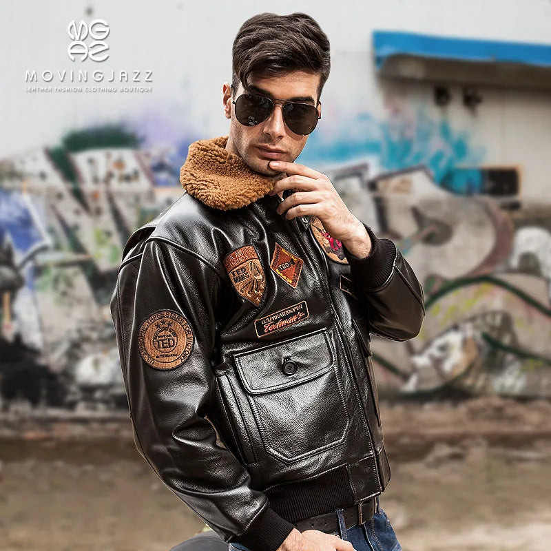 Dark Brown Winter Leather Jacket Men Retro Style Europe Size Genuine Natural Thick Cowhide Turn-Down Collar G1 Flight Coat