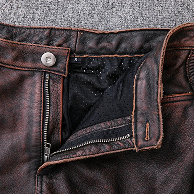 Red Brown Winter Leather Trousers Men Vintage Style Plus Size 4XL Genuine Natural Cowhide Can Add Protection Device Pant