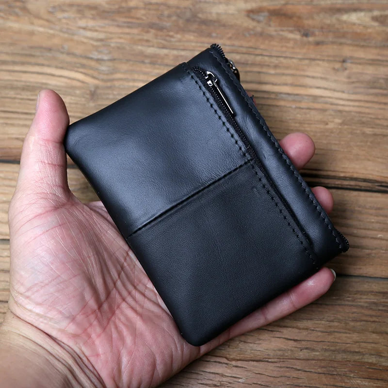 NZPJ Men's Leather Zipper Coin Wallet First Layer Cowhide Mini Short Wallet Handbag Change Wallet