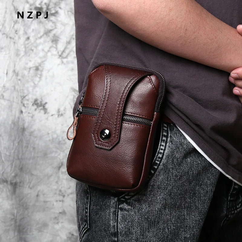 NZPJ Leather Men's Waist Bag Top Layer Cowhide Casual Mobile Phone Bag Wear Belt Vertical Shoulder Messenger Mobile Phone Bag