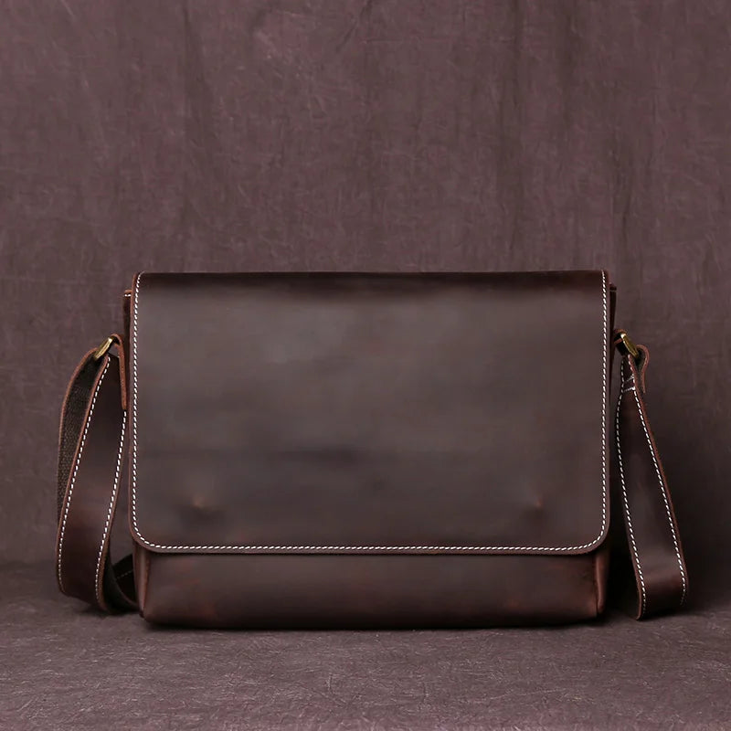 NZPJ Men's Retro Leather Shoulder Bag Crazy-Horse Leather  Horizontal Crossbody Bag Top Layer Leather Casual Ipad  Bad