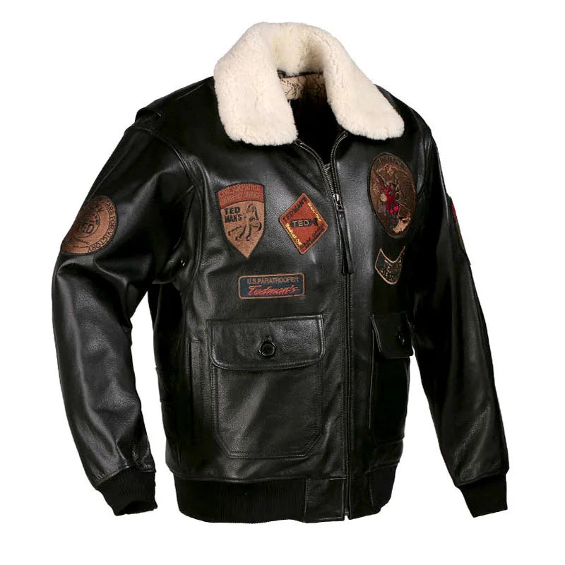 Dark Brown Winter Leather Jacket Men Retro Style Europe Size Genuine Natural Thick Cowhide Turn-Down Collar G1 Flight Coat