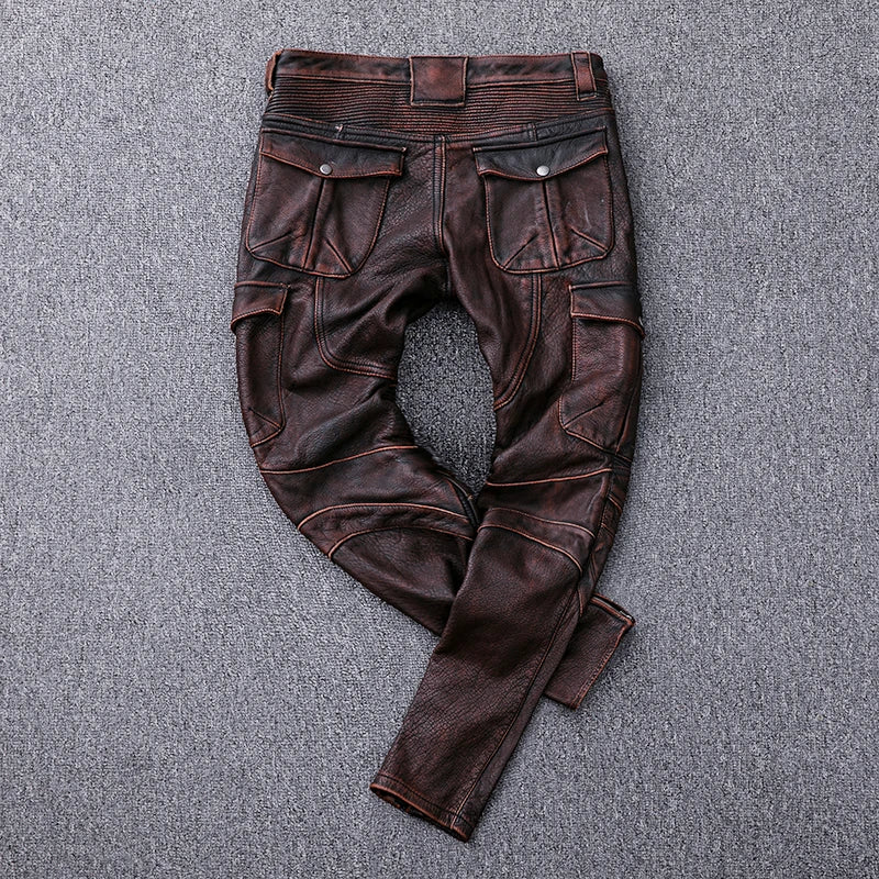 Red Brown Winter Leather Trousers Men Vintage Style Plus Size 4XL Genuine Natural Cowhide Can Add Protection Device Pant
