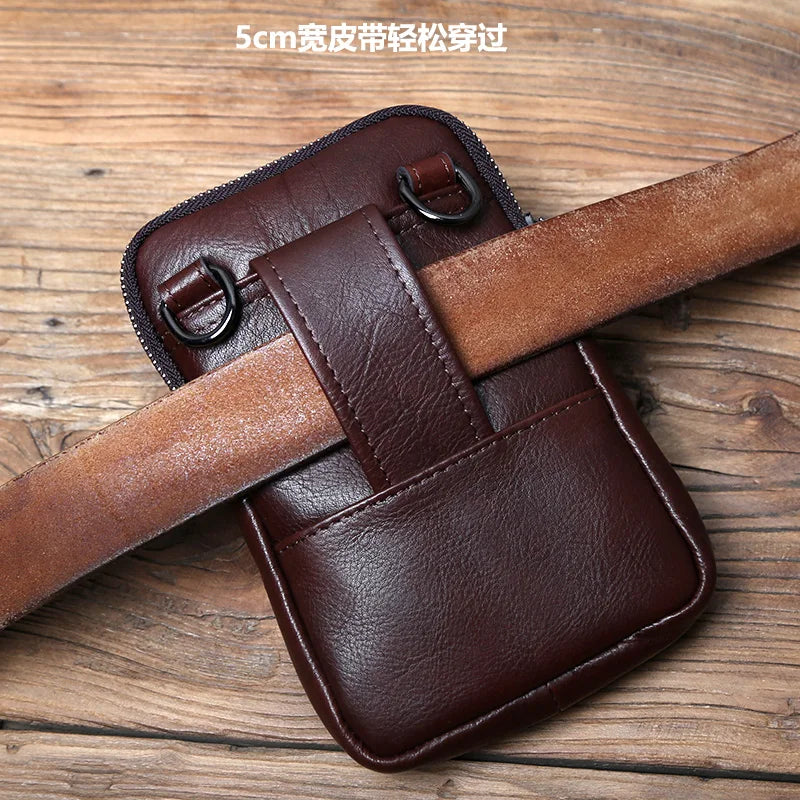 NZPJ Leather Men's Waist Bag Top Layer Cowhide Casual Mobile Phone Bag Wear Belt Vertical Shoulder Messenger Mobile Phone Bag
