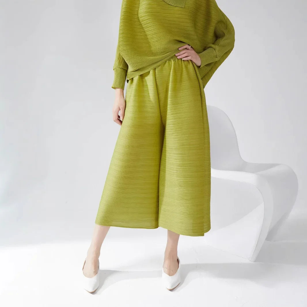 plus Size Women's Wide Leg Pants Draped Thin Folded Summer Casual Seven-Five-Length Loose Fit Trousers by None(Ae Stock)
