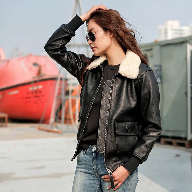 Dark Brown G1 Pilot Leather Jacket Women Military Style Plus Size 3XL Genuine Natural Cowhide Wool Collar Flight Leather Coat