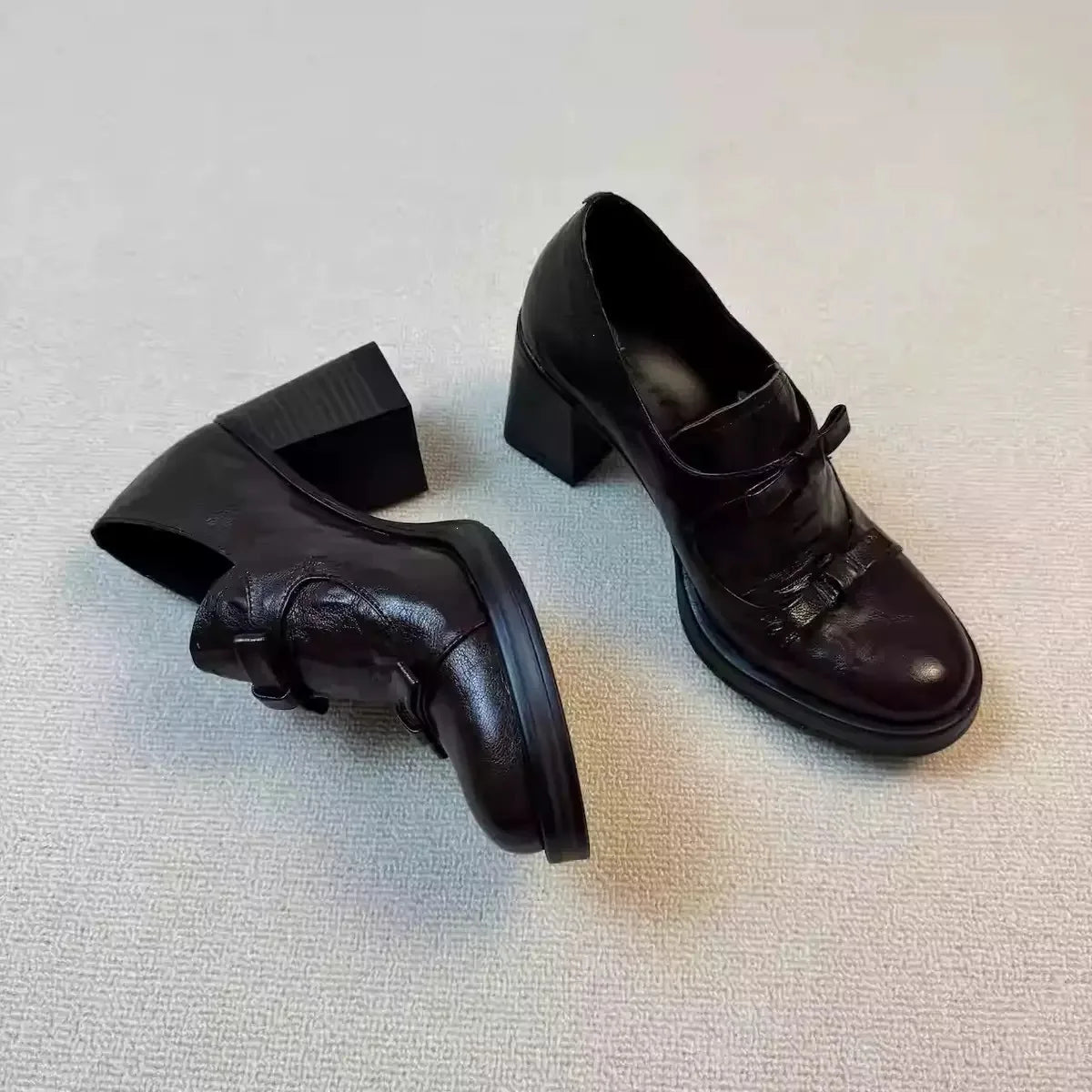 Soft Cowhide British Style round Toe High Heel Women's Slip-On Chunky Heel Shoes Elegant Versatile Loafers for All Seasons