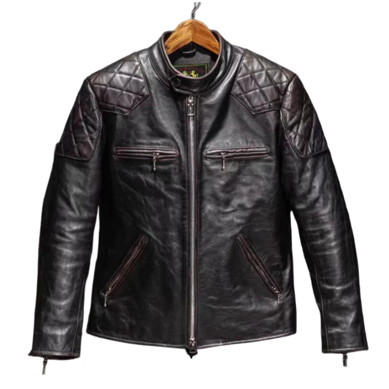 Black Winter Leather Jacket Men Vintage Style Plus Size 5XL Genuine Natural Cowhide Stand Collar Slim Fit Leather Coat
