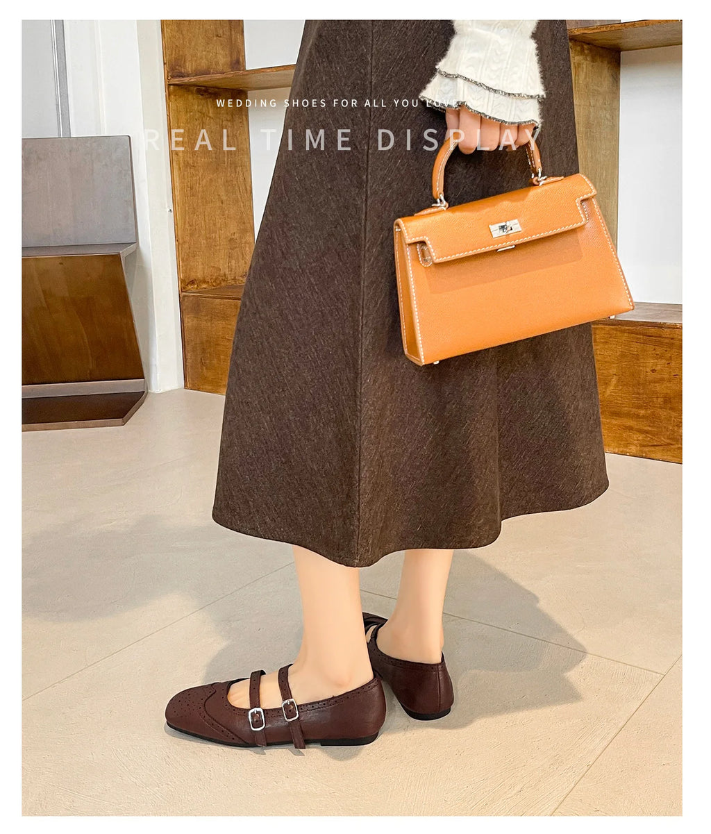 French Style Double Buckle Mary Jane Shoes Women's plus Size Flat Bottom Leather Version Beautiful Carving Spring Summer Autumn