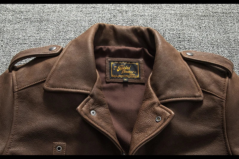 Genuine Natural Thick Cowhide California Mounted Police Coat Dark Brown Winter Leather Jacket Men Retro Style Plus Size 5XL