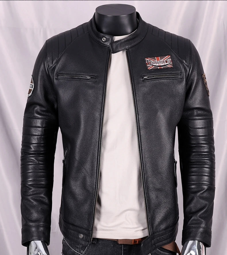 Black Autumn Leather Jacket Men Sports Style Plus Size 5XL Genuine Natural Cowhide Stand Collar Slim Fit Short Coat