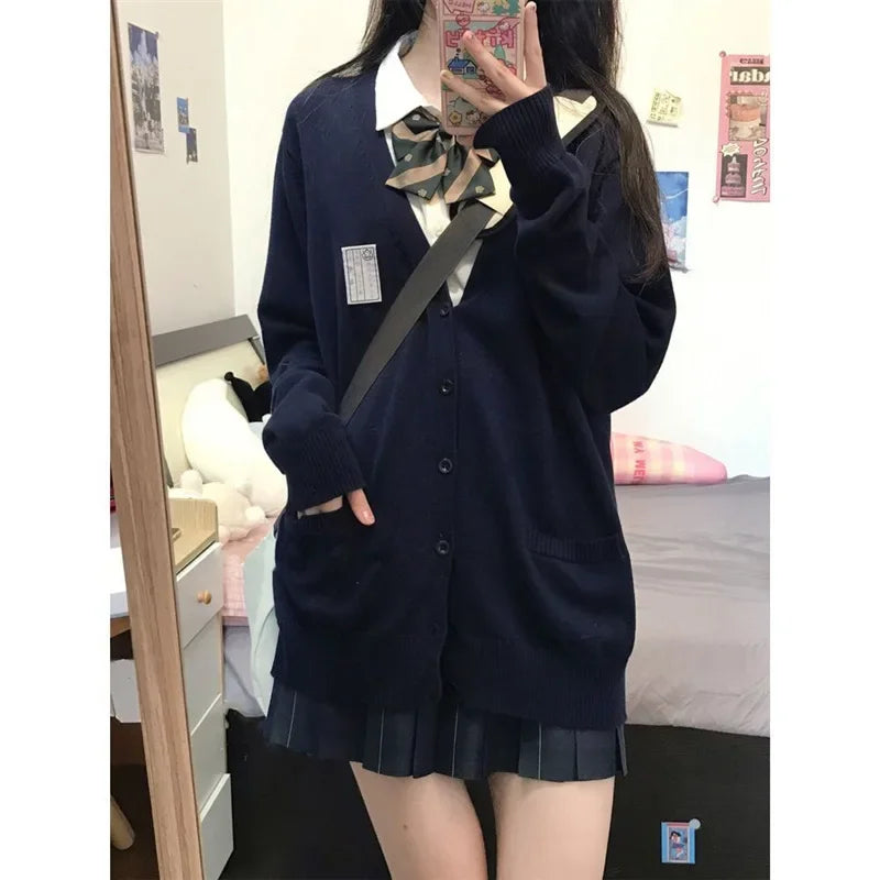 Women's Autumn/Winter Japanese Style Knitted Cardigan Sweater Preppy Style Long Sleeve Loose-Fit Top Layered Polo Collar
