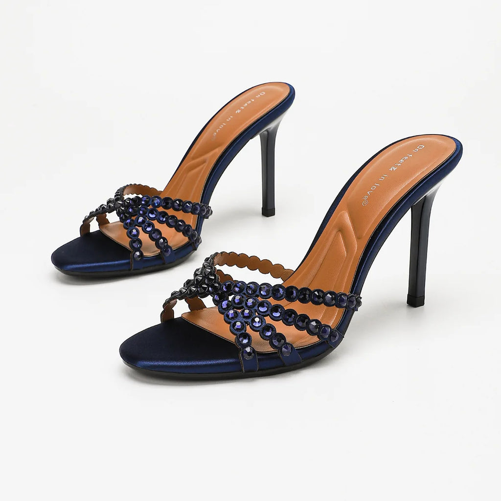 Fashionable Diamond Strap High Heels Sandals Women's Summer Party Shoes Fine Heel Versatile Elegant Ladies' Slip-On Slippers