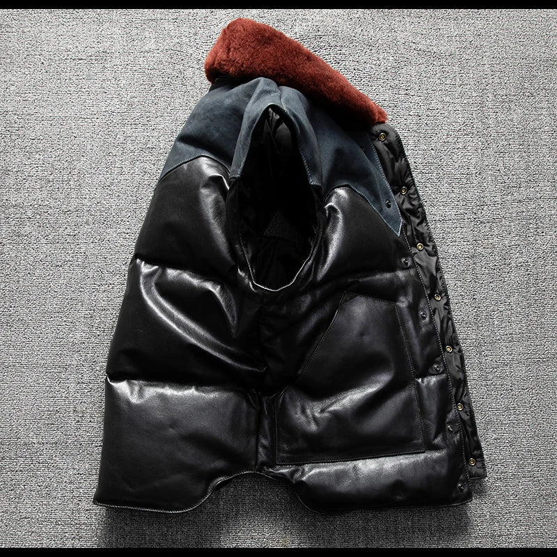 Black Blue Winter Vest Men Retro Style Plus Size 5XL Genuine Natural Sheepskin Wool Collar Single Breasted Spliced Down Vest
