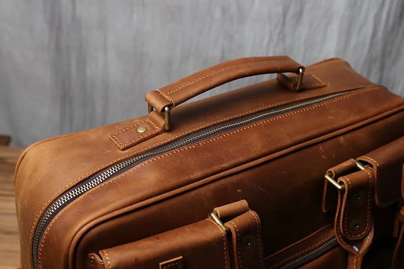 Retro Men's Leather Handbag Top Layer Cowhide Briefcase Large Capacity Travel Bag Crazy Horse Leather Laptop Shoulder Bag NZPJ