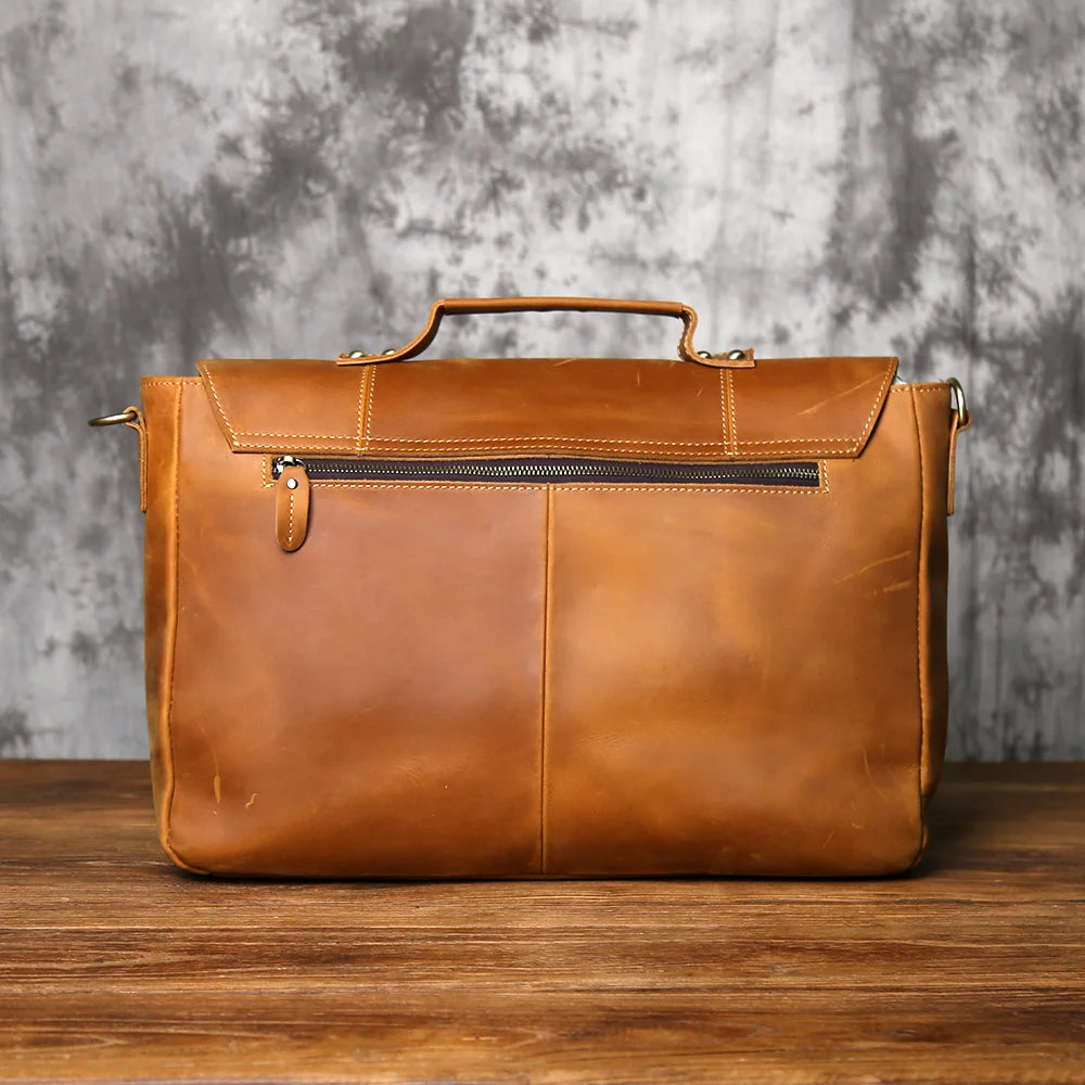 NZPJ Vintage Leather Men's Briefcase Crazy Horse Leather Handbag Casual Natural Cowhide Computer Bag Shoulder Messenger Bag