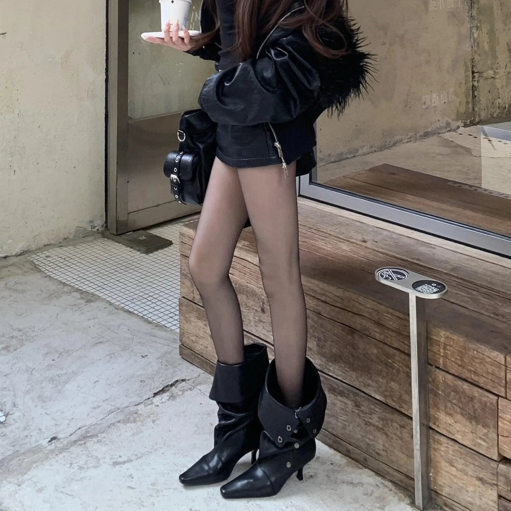 Yumeida Black High Heel Boots Women's Design Foldable Two-Way Wear Knight Long Boots above Knee Hot Girl Fashion Booties