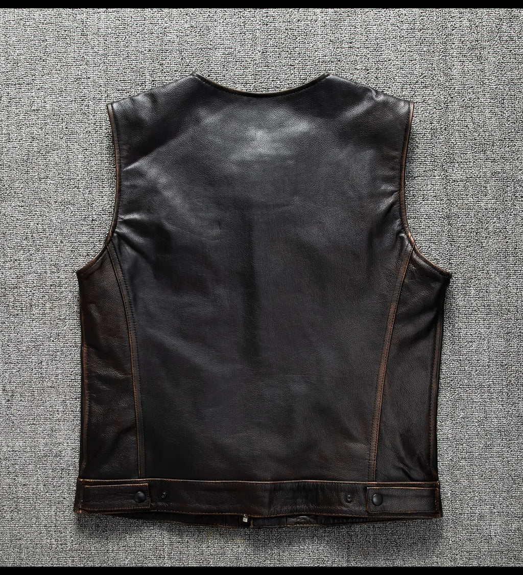 Red Brown Spring Leather Vest Men Retro Style Plus Size 6XL Genuine Natural Cowhide O-Neck Collar Slim Fit Short Sleeveless Coat
