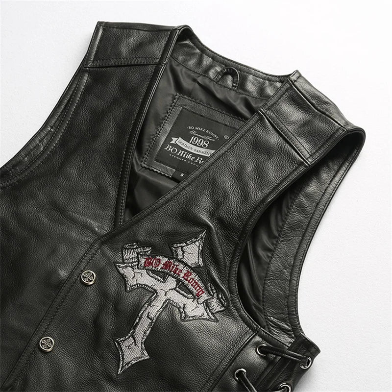 Black Four Seasons Leather Vest Men Sports Style Plus Size 4XL Genuine Natural Cowhide Single Breasted Skulls Embroidery Vest