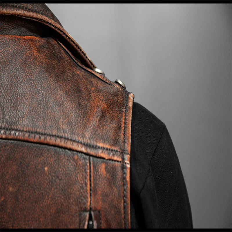 Men Red Brown Leather Biker Vest Vintage Distressed Asymmetrical Zip Sleeveless Jacket Punk Rock Studded Multi-Pocket Waistcoat