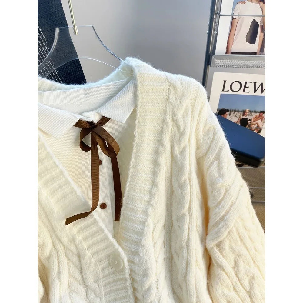 Women's Thickened Lazy Design Knitted Cardigan Sweater Outerwear Loose Princess Sleeve V-Neck Long Sleeve Autumn Winter Coat