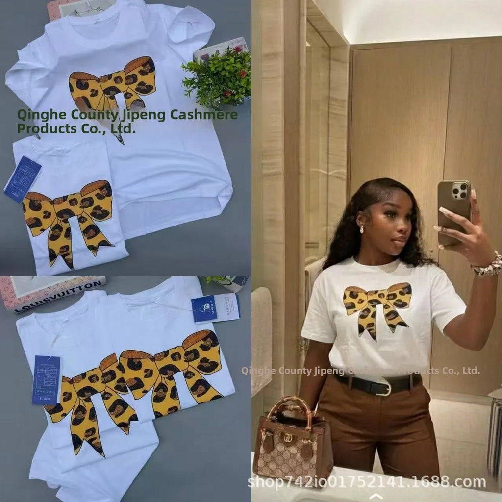 Loose Fit Embroidered Cotton T-Shirt Women's Shoulder Width round Neck Print Short Sleeve Cross-Border Half Sleeve Street Style