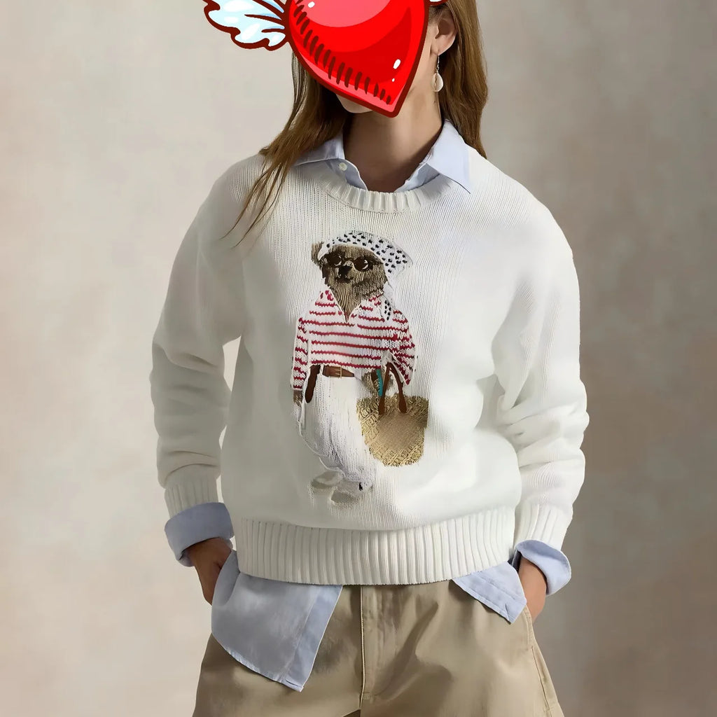 Loose Fit round Neck Knitwear Summer Women's Style Cotton Linen Blend Long Sleeve Casual Top Animal Pattern Embroidered
