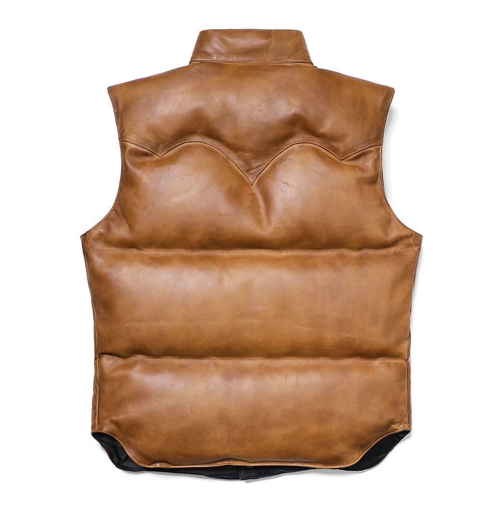 Brown Winter Down Vest Men Japan Casual Style Plus Size 5XL Genuine Natural Sheepskin Stand Collar Single Breasted Leather Vest
