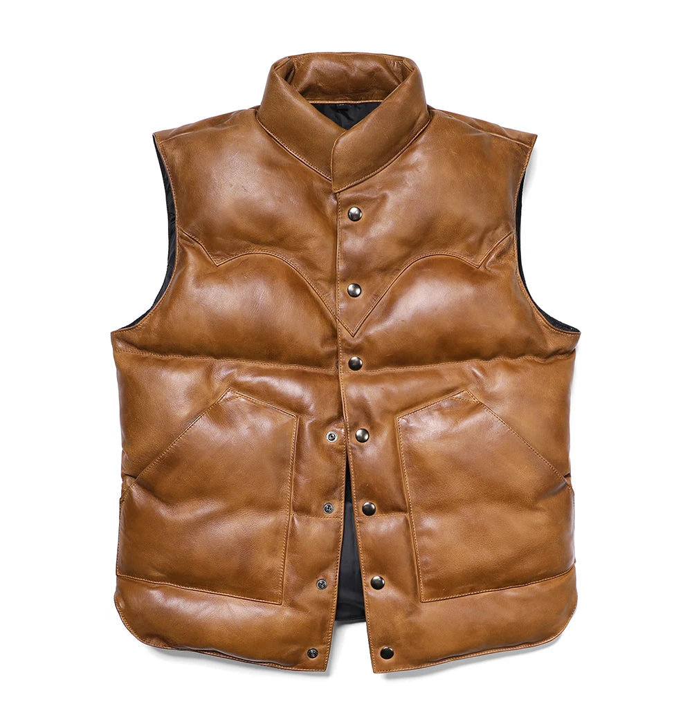 Brown Winter Down Vest Men Japan Casual Style Plus Size 5XL Genuine Natural Sheepskin Stand Collar Single Breasted Leather Vest