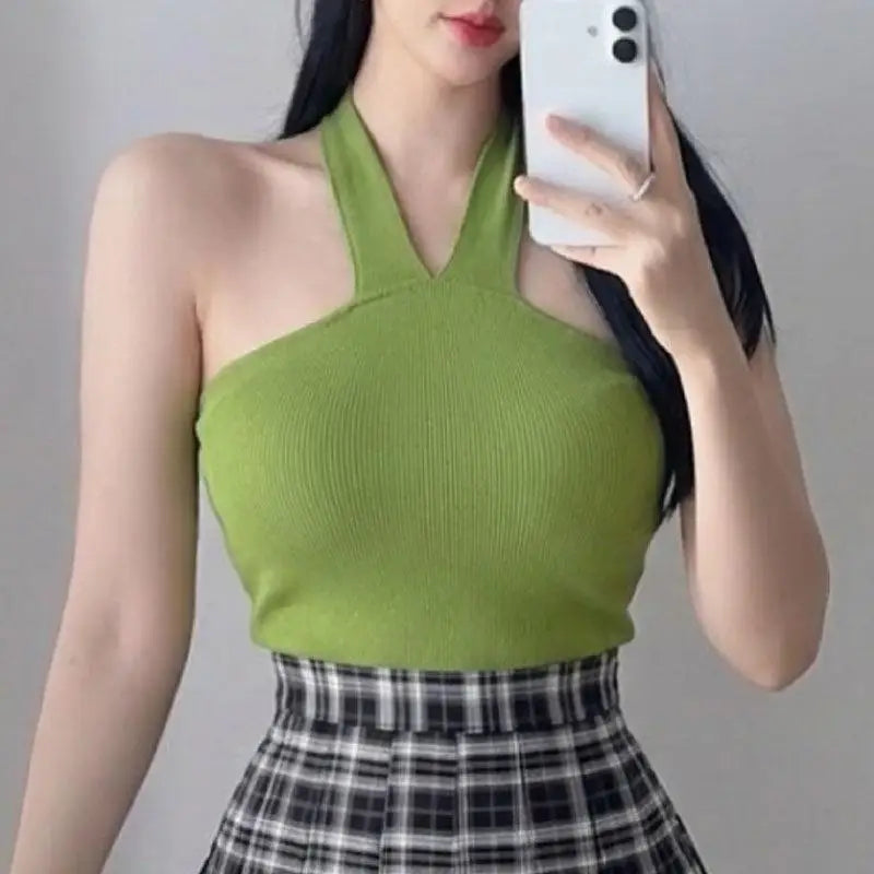 Korean Dongdaemun New Style Slim Fit Shoulder Baring Vest Top Pure Color Short Sleeveless Sexy Body Shaping Cotton T-Shirt