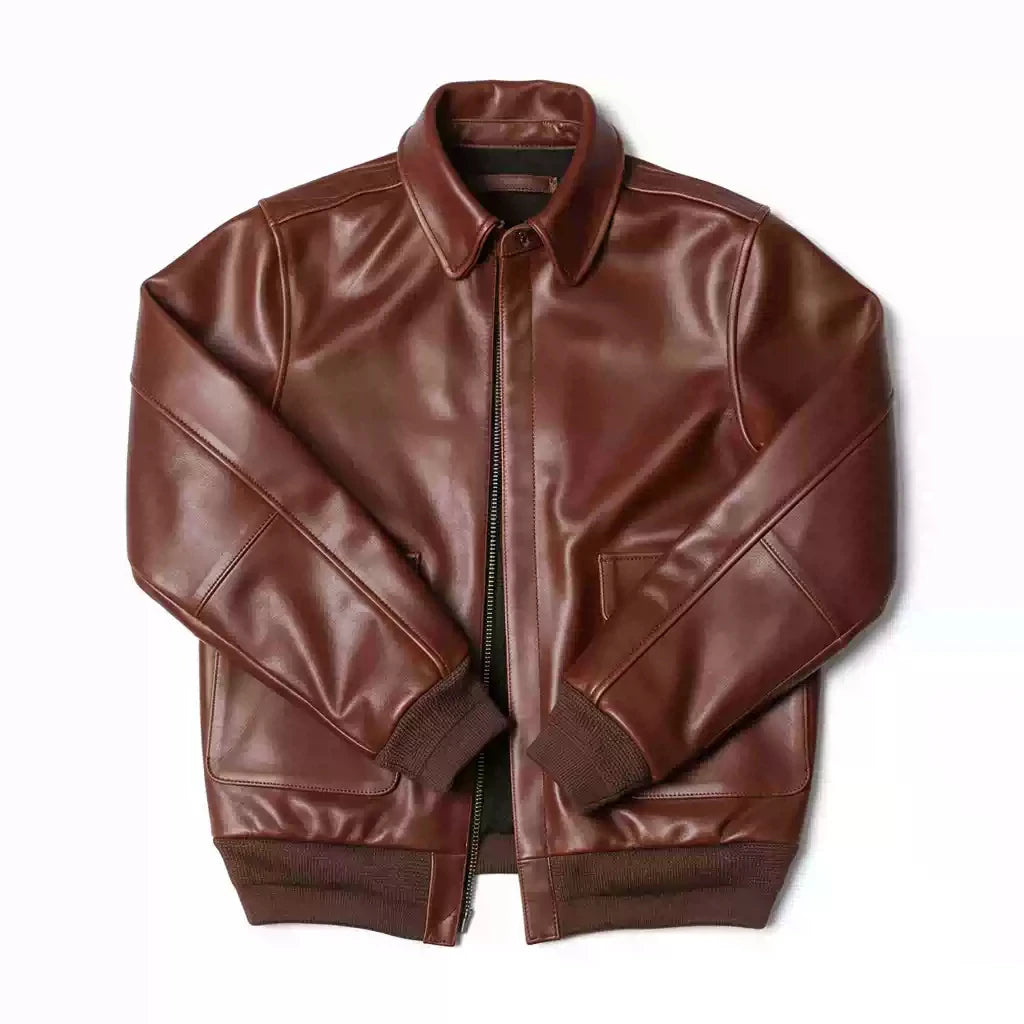 Brown Winter Leather Jacket Men Military Style Plus Size 5XL Genuine Natural Cowhide Turn-Down Collar Retro A2 Flight Coat