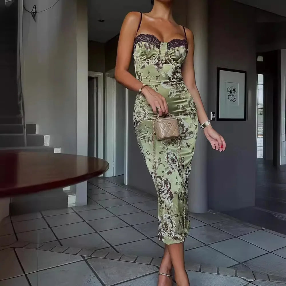 Lace Contrast Trim Floral Print Long Knitted Wrap Dress with Side Slits Sleeveless Women's Dress Casual Comfortable Nightgown