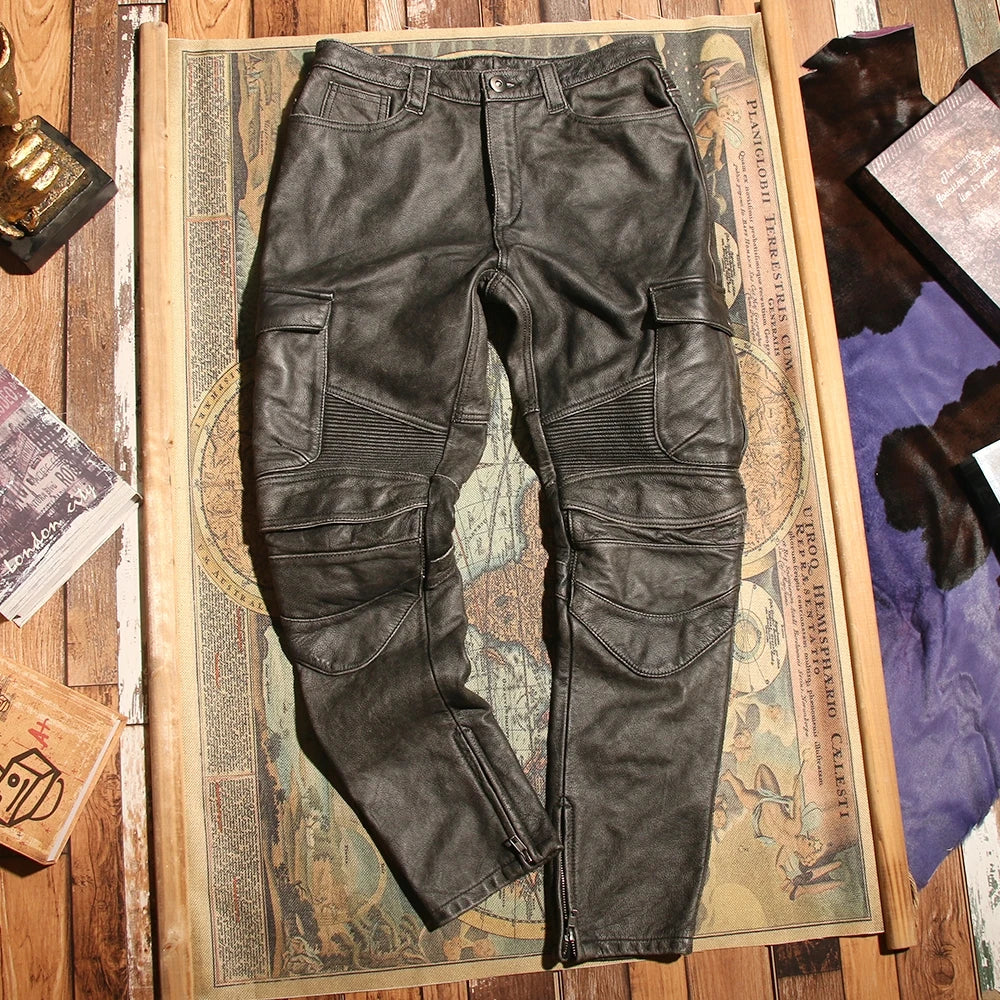 Retro Black Winter Leather Trousers Men Vintage Style Genuine Natural Cowhide Can Add Motorcycle Protection Device Leather Pants