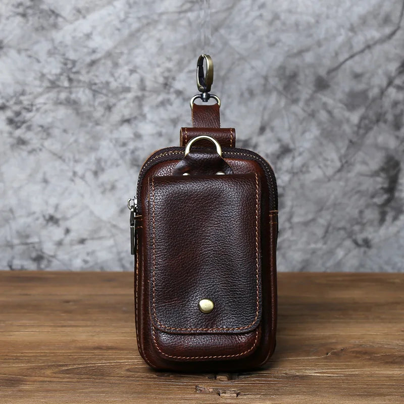 NZPJ Genuine Leather Men's Waist Bag Top Layer Cowhide Fashion Hook Bag Leisure Belt Bag Cigarette Box 6.5-inch Mobile Phone Bag