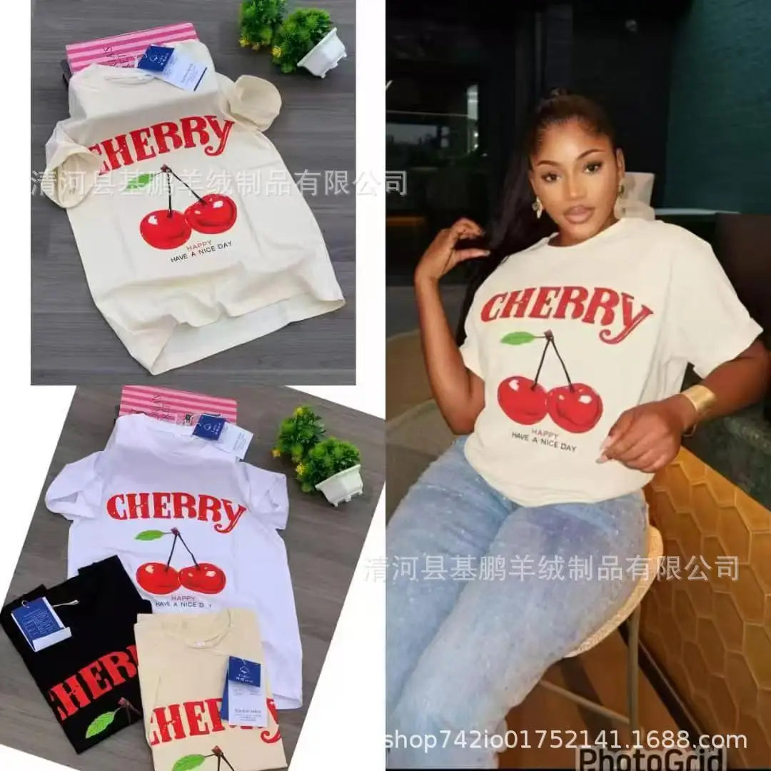 Loose Fit Embroidered Cotton T-Shirt Women's Shoulder Width round Neck Print Short Sleeve Cross-Border Half Sleeve Street Style