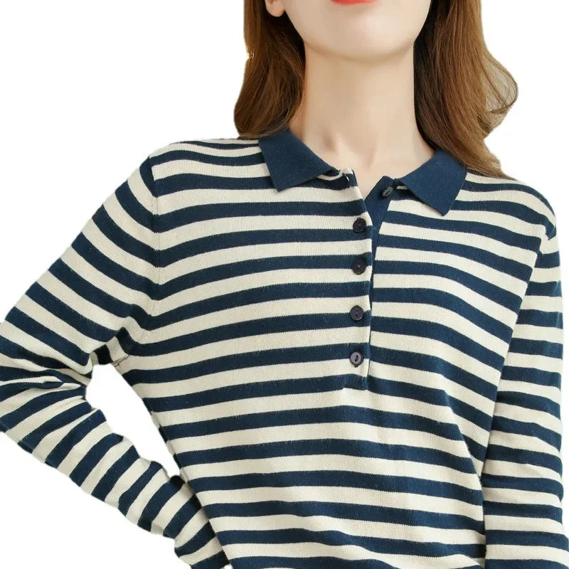 Women's Striped Base Shirt POLO Collar Long Sleeve Loose Knitted Cotton T-shirt Fashionable Spring Autumn New Style