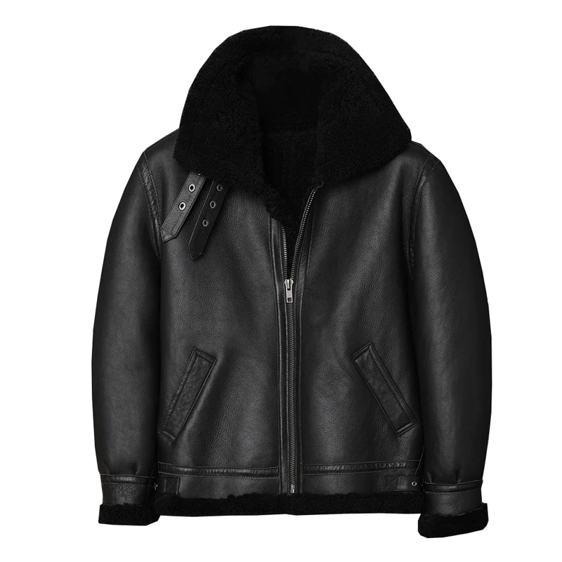 Black Winter Shearling Jacket Men Military Style Plus Size 5XL Genuine Natural Sheepskin Thick Warm Bomber Flight Coat