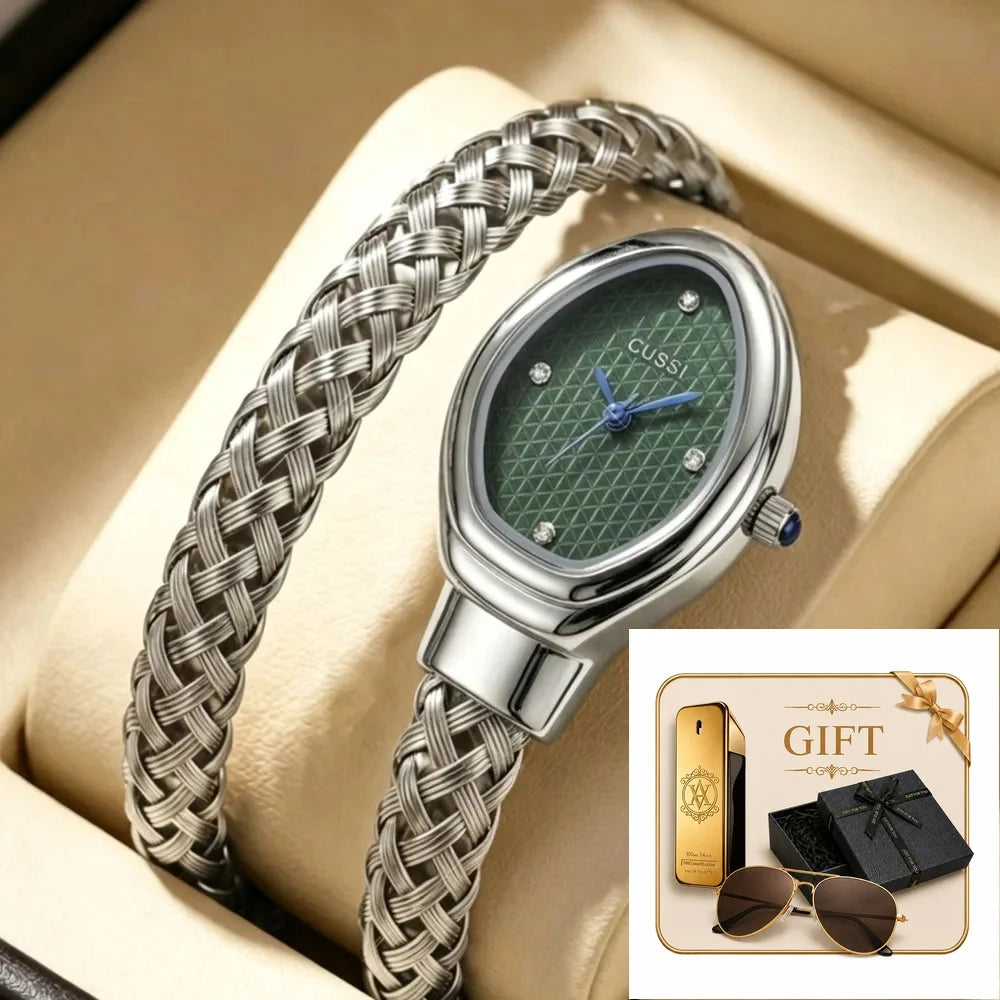 4pc Ladies Silver Woven Stainless Steel Elegant Rhinestone Green Dial Watch & Bracelet Gift Set for Daily Use, Gifting